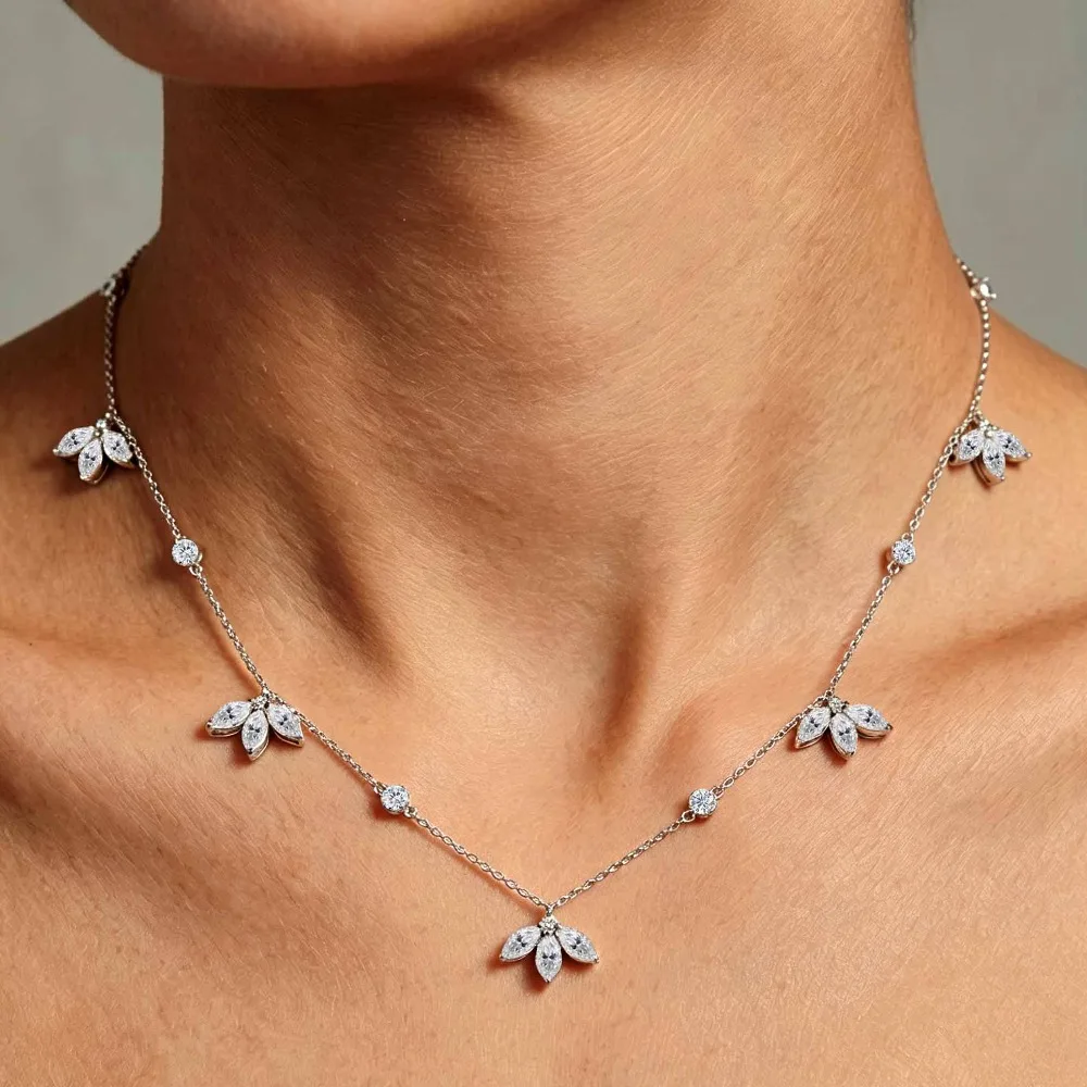 FEOBUR Marquise Cut Moissanite Dangling Pendant Necklace for Women 925 Silver 3-Leaf Diamond Tassel Choker Dainty Jewelry Gift