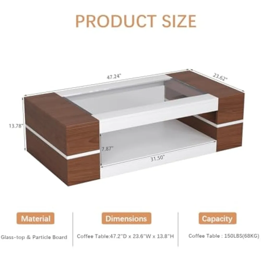 47.2" Modern Stylish Coffee Table with Glass Table Top, Large Living Room Table Rectangular 2-Tier Center Tables with Storage, W