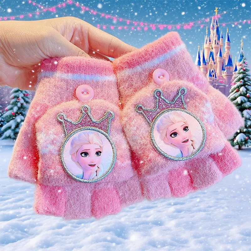1-8psc Frozen Kinderhandschuhe Herbst/Winter-Kollektion Mädchen Flip-Top Halbfingerhandschuhe Elsa Princess Kältebeständig für Mädchen
