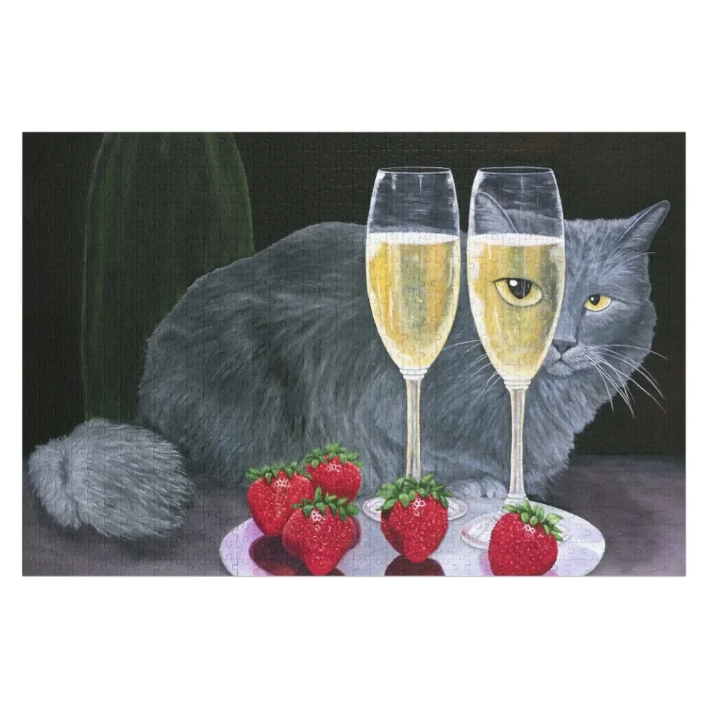 Long Haired Grey Cat with Sparkling Wine and Strawberries Jigsaw Puzzle Customized Picture Woodens For Adults Puzzle