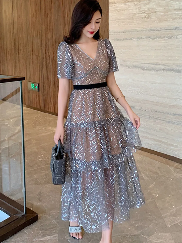 SMTHMA New Arrival Designer Runway Vintage V Neck High Waist Party Dresses Women's Embroidered Sequins Summer Dress Vestidos