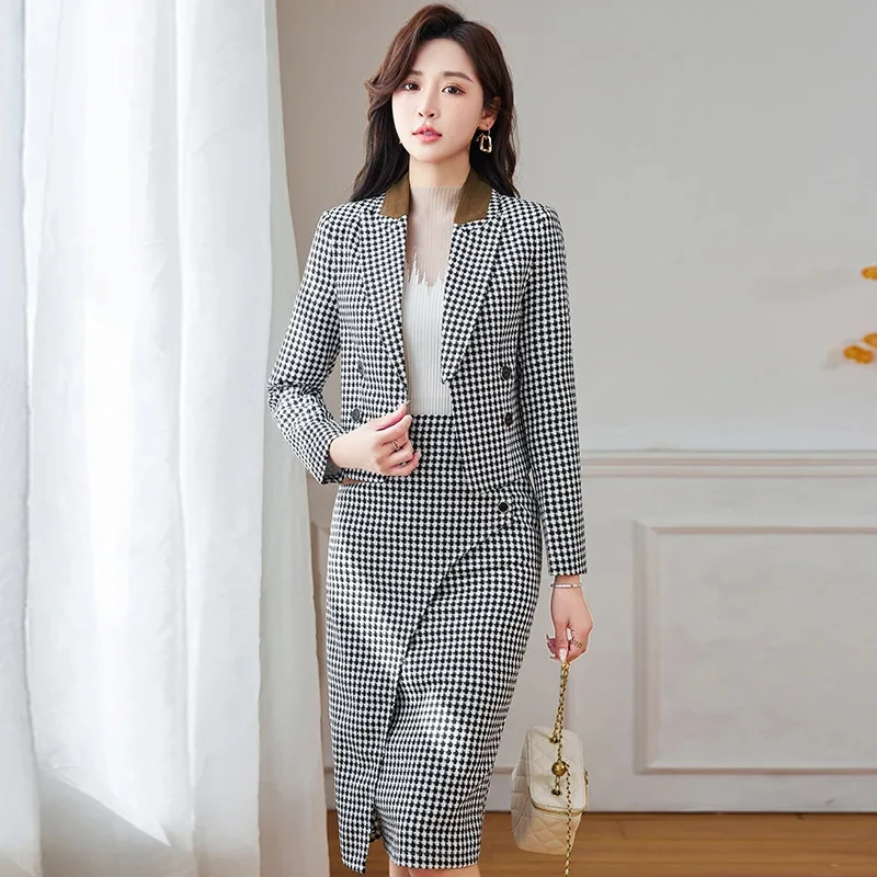 Office Plaid Outfits Blazer And Skirt For Women Green Black Double Breasted Fashion 2 Piece Set Business Elegant Lady Skirt Suit