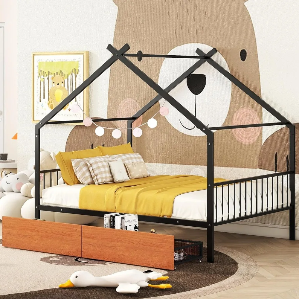 Metal House Bed for Kids, Full Size Bed Frame with Storage Drawers and Slats, Kids Bed Frame with Headboard and Footboard