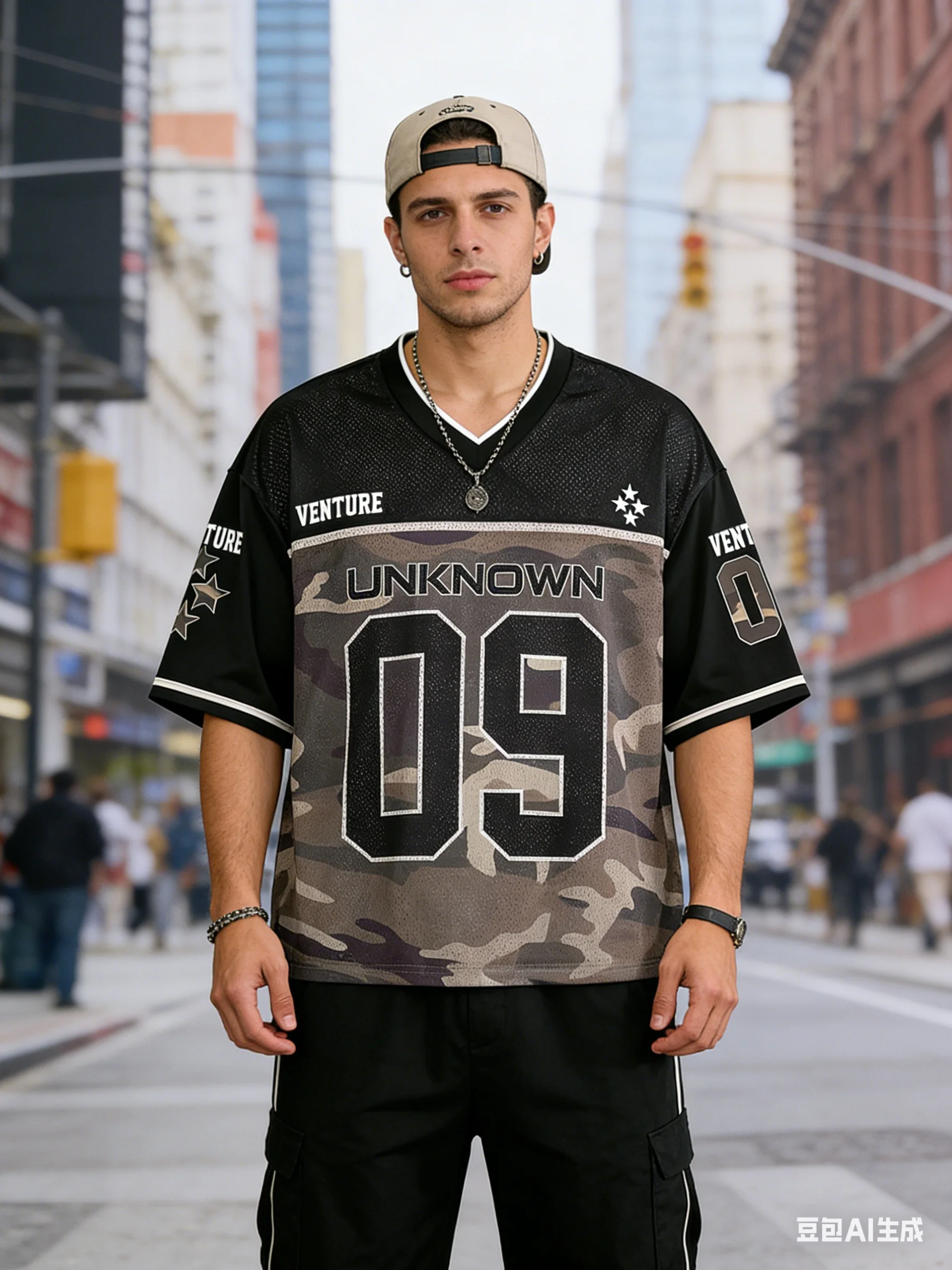 Men's V-Neck Letter & Number Print Casual Versatile Short Sleeve T-Shirt Oversized Jersey Camo Jersey Mesh Jersey