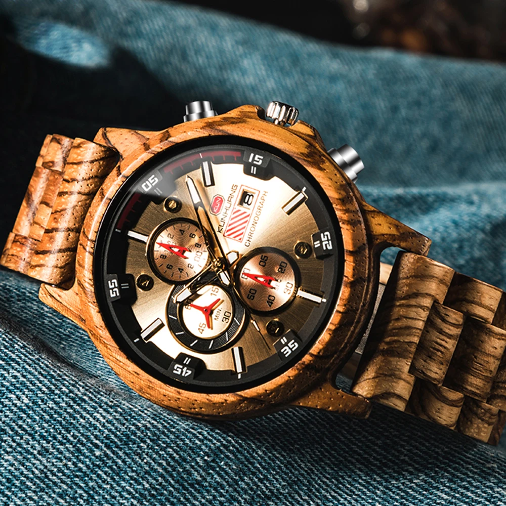 Handmade Natural Wooden Watches Chronograph Date Military Sport Mens Watches Top Luxury Fashion Casual Watch Personalized Custom