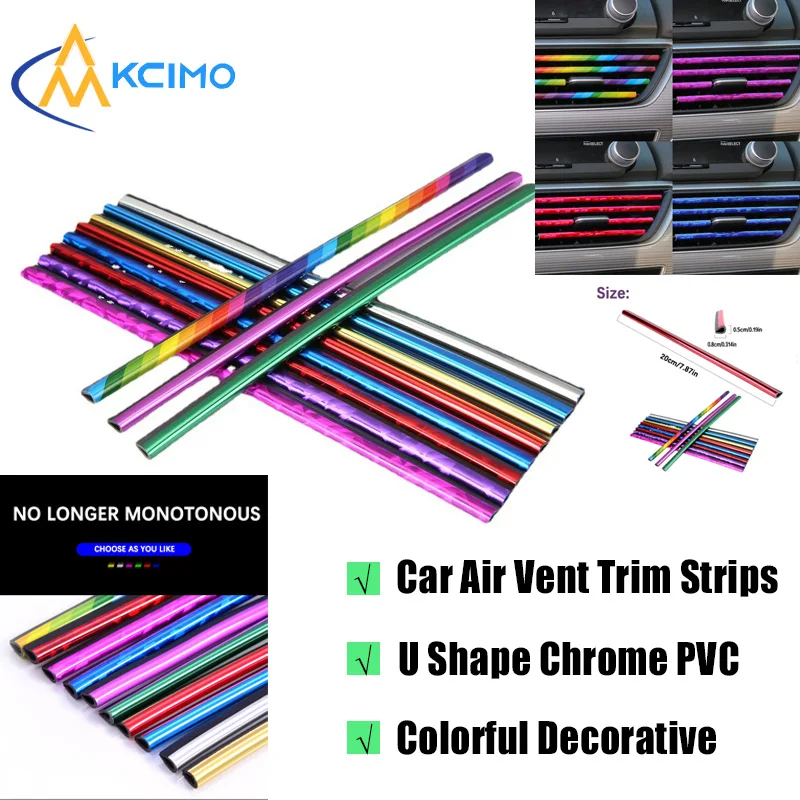 

10PCS 20cm Car Air Vent Trim Strips - U Shape Chrome PVC Colorful Decorative Edge for Auto Interior DIY Decoration