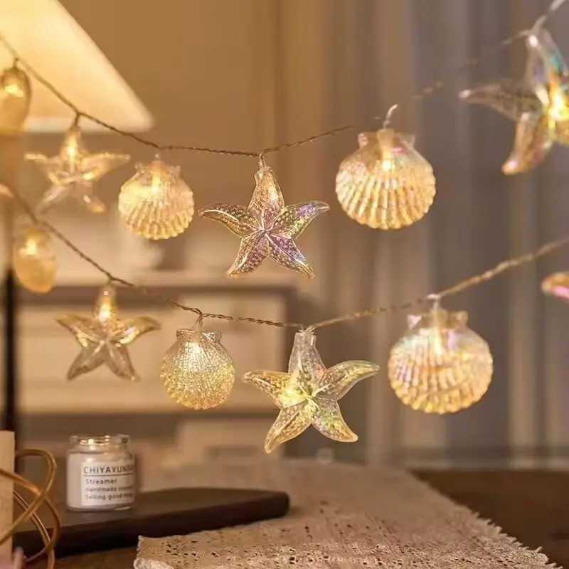 1PC Romantic Sea Star Scallop String Lights Battery Powered Fairy Lights Atmosphere Decorative Lamp For Room Wedding Party Store