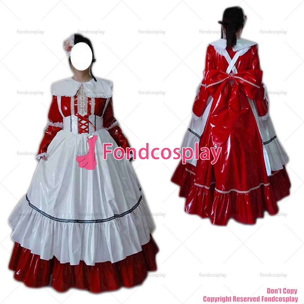 fondcosplay adult sexy cross dressing sissy maid long red thin pvc dress lockable Uniform white apron costume CD/TV[G2461]