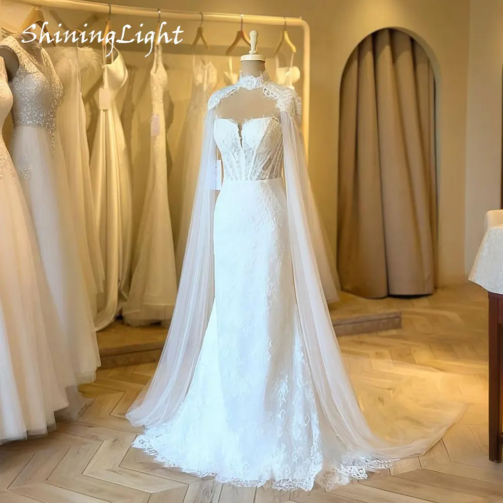 

ShiningLight Strapless Lace Wedding Dress with Cape Sweetheart Boho Mermaid Bridal Gown Sweep Train لباس_عروس Customized