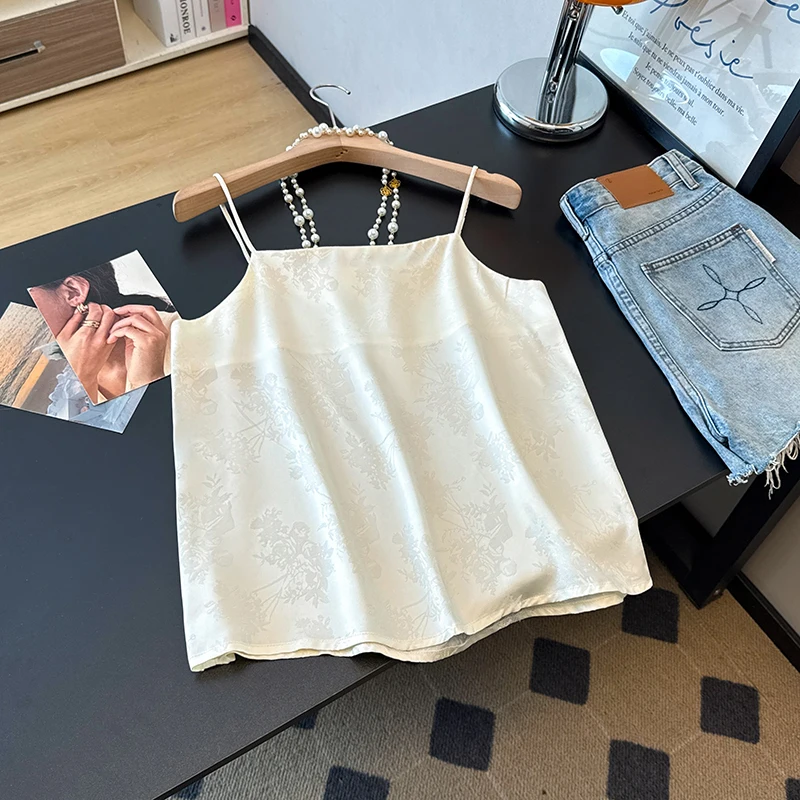 Champagne Color Silk Blend Acetate Strap Top Women's Inner Wear Chinese Style Floral Embroidery Versatile Elegant Summer Top