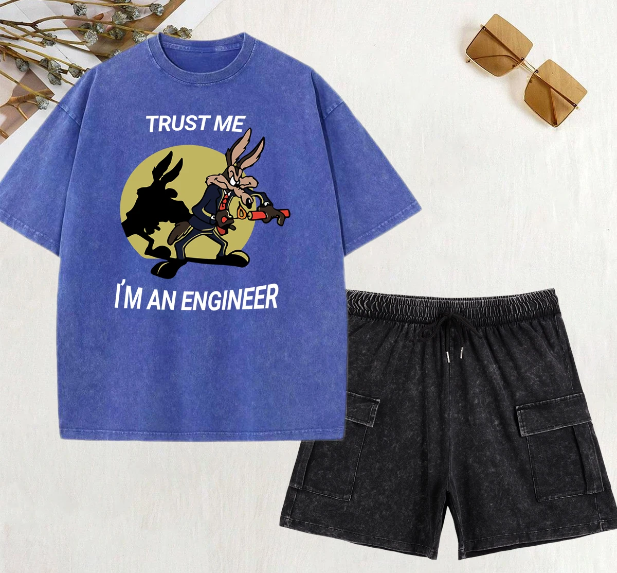 

Trust Me Im An Engineer Prints Women Washed T Shirt Sets Cotton Hip Hop T Shirts Crewneck Street Set Fashion Cotton Short Pants