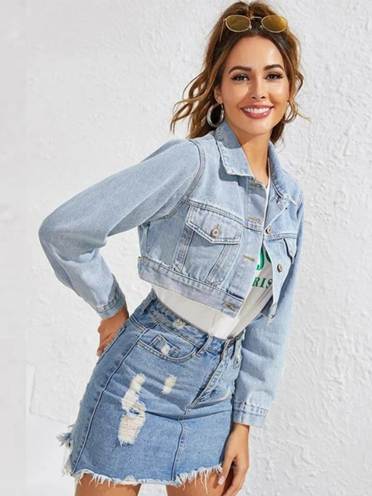 FTLZZ Spring Autumn Women Denim Short Jacket Coat Casual Lady Turn-down Collar Button Jacket Female Street Style Denim Jacket