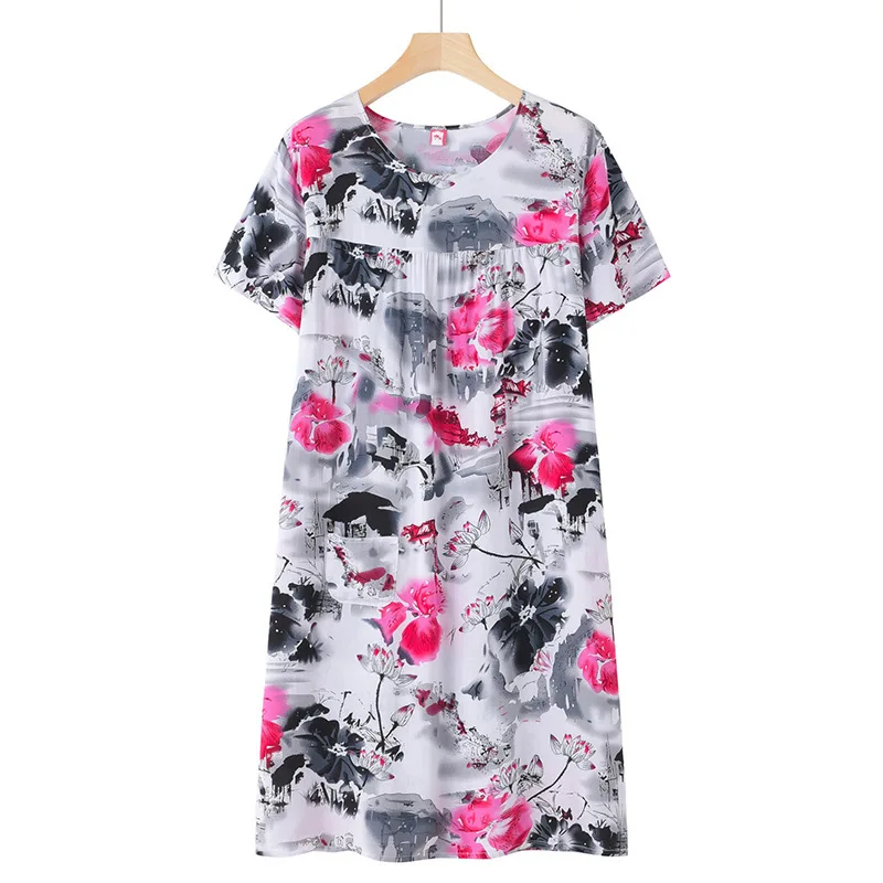 Loose Nightdress Women Viscose Soft Floral Printing Sleep Dress Breathable Dress For Mother Casual Nightie Home Clothes