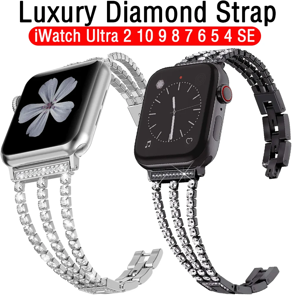Роскошный ремешок с бриллиантами для Apple Watch Ultra 49 мм 10 42 мм 46 мм Браслет для iWatch 9 8 7 6 5 4 SE 45 мм 41 мм 40 мм 44 мм Correa