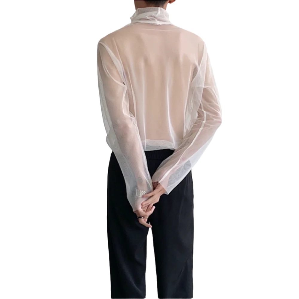 Chic See-through Transparent T-shirt Streetwear Solid Color Long Sleeve T-shirt High Collar Undershirt Mesh Top Men Home