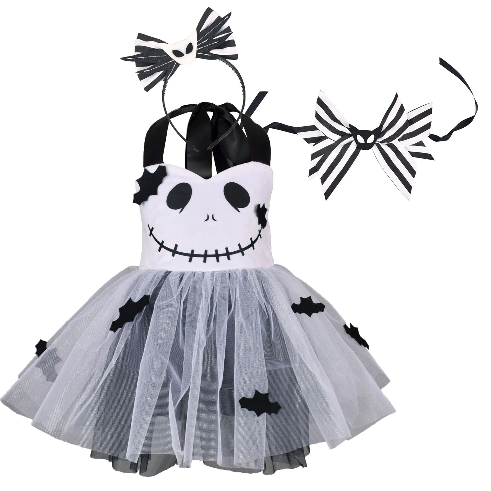 

Girl Halloween Jack Cosplay Costume Children'S Clown Black White Fluffy Skirt With Headband Birthday Party Carnival Uniform Set