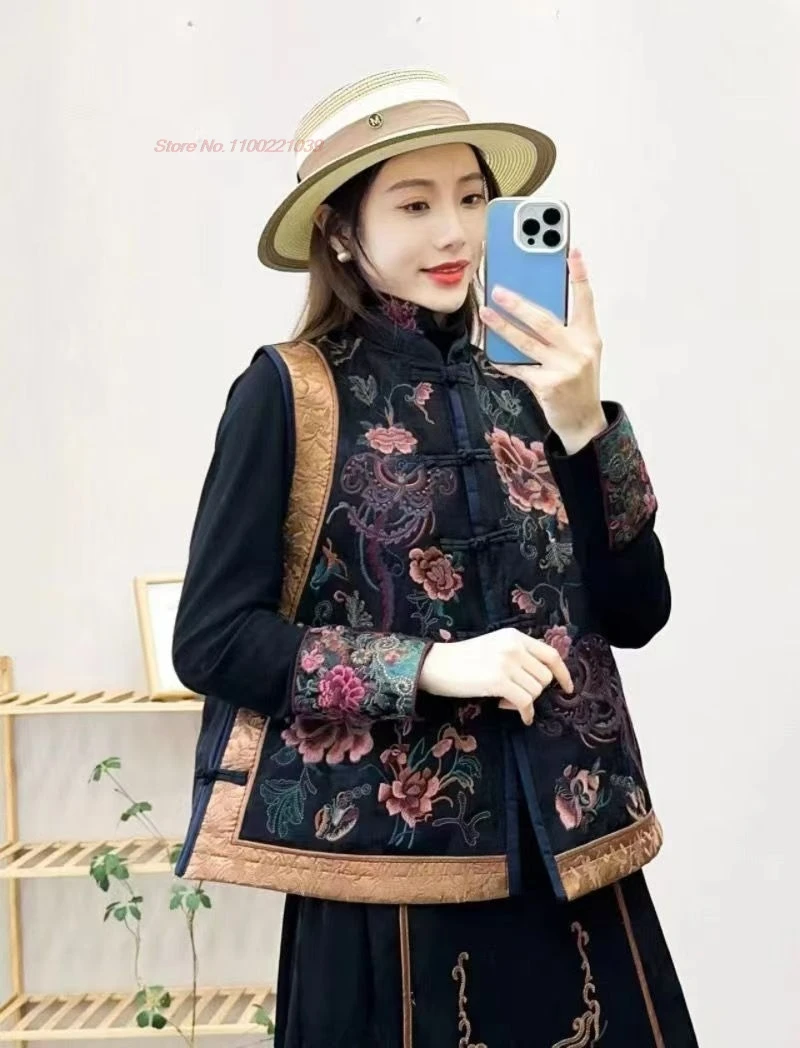 2025 national flower embroidery folk vest chinese traditional cotton-padded thicken vest oriental sleeveless jacket ethnic vest