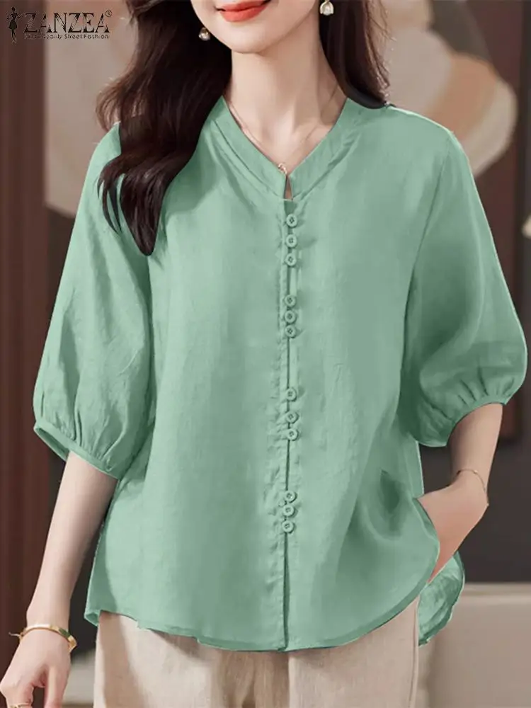 Summer Oversize Women Shirt Elegant Stand Neck 3/4 Sleeve Blouse 2024 ZANZEA Female Vintage Work Holiday Tops Casual Loose Blusa