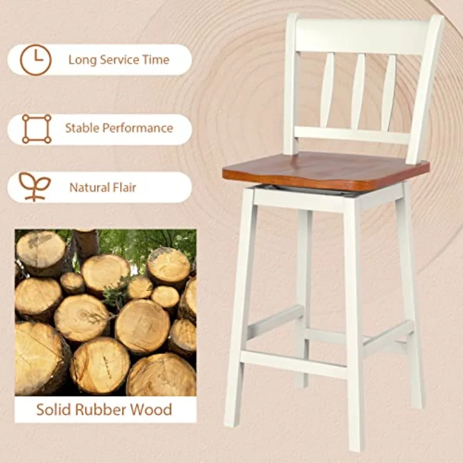 Zestaw stołków barowych COSTWAY, 2 sztuki, 62,5 cm, krzesła barowe z drewna kauczukowego z obrotem 360 stopni ° Obrotowe podnóżki Obrotowe stołki barowe o wysokości blatu Idealne