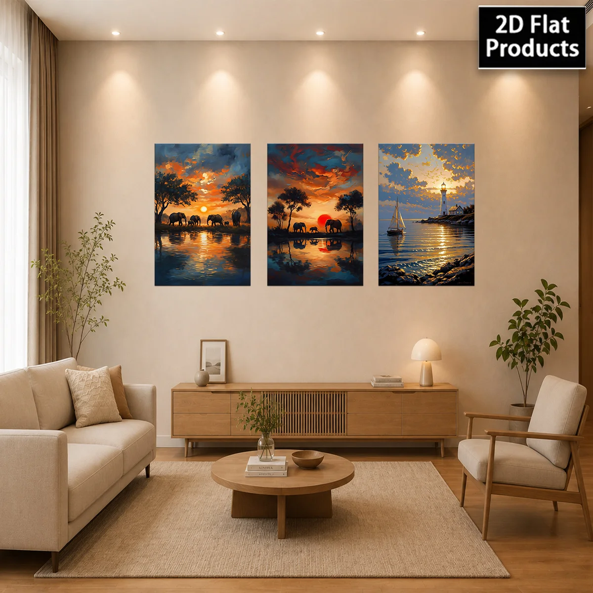 Frameless 2D Flat 3pc  Canvas Wall Art – Three canvas paintings depict sunsets with elephants and a lighthouse scene. perfect