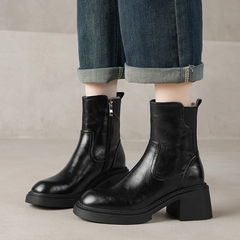 2026 new autumn winter women ankle boots natural leather plus size 22-25cm split leather+wool thick heel side zip short boots - view 4