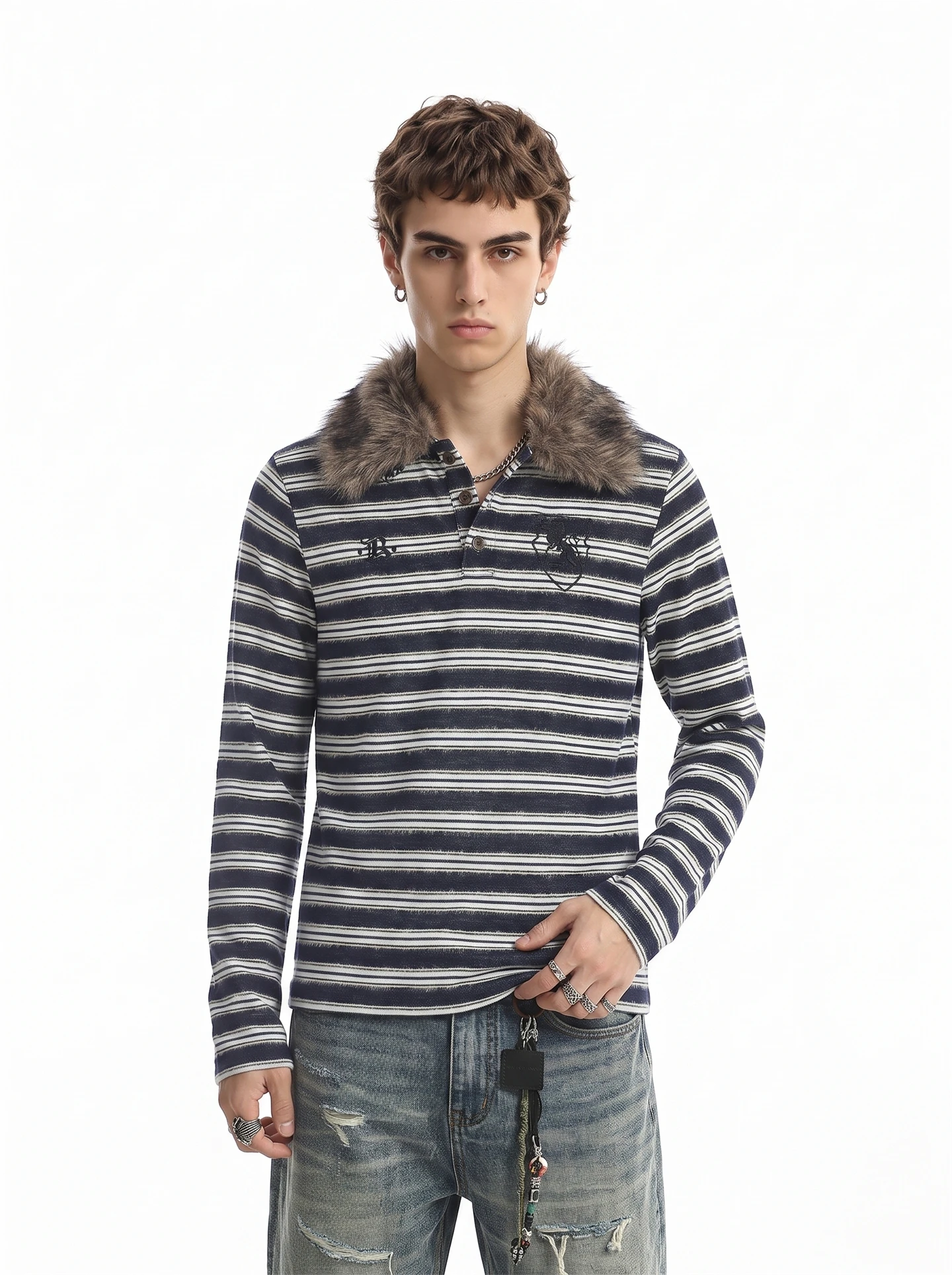 American Retro Striped Hoodie Men's Autumn New Casual Versatile Long Sleeve Sweatshirt with Fur Collar Standard Fit Youth ...