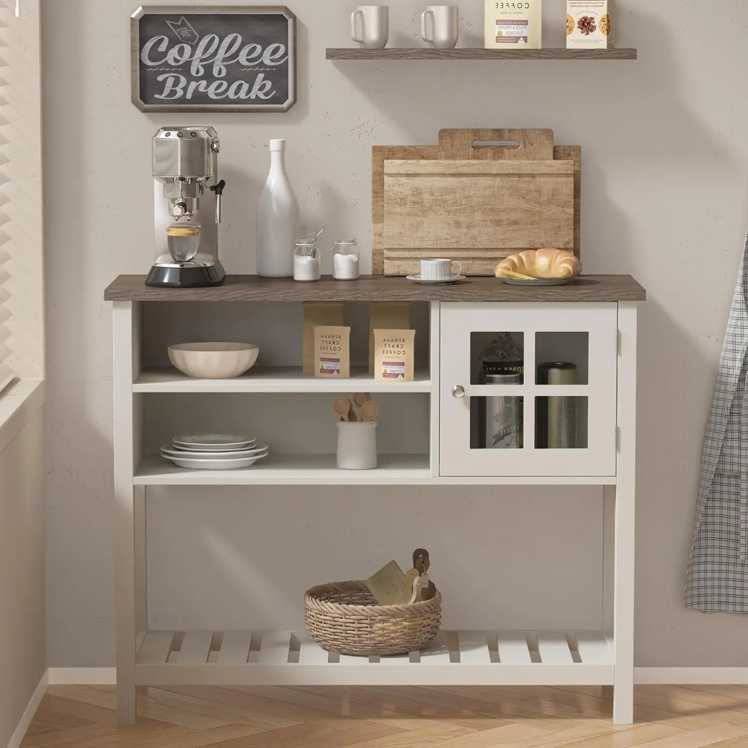 Farmhouse Coffee Bar Cabinet with Glass Door, Storage Buffet Sideboard for Kitchen Hallway Entrance in White