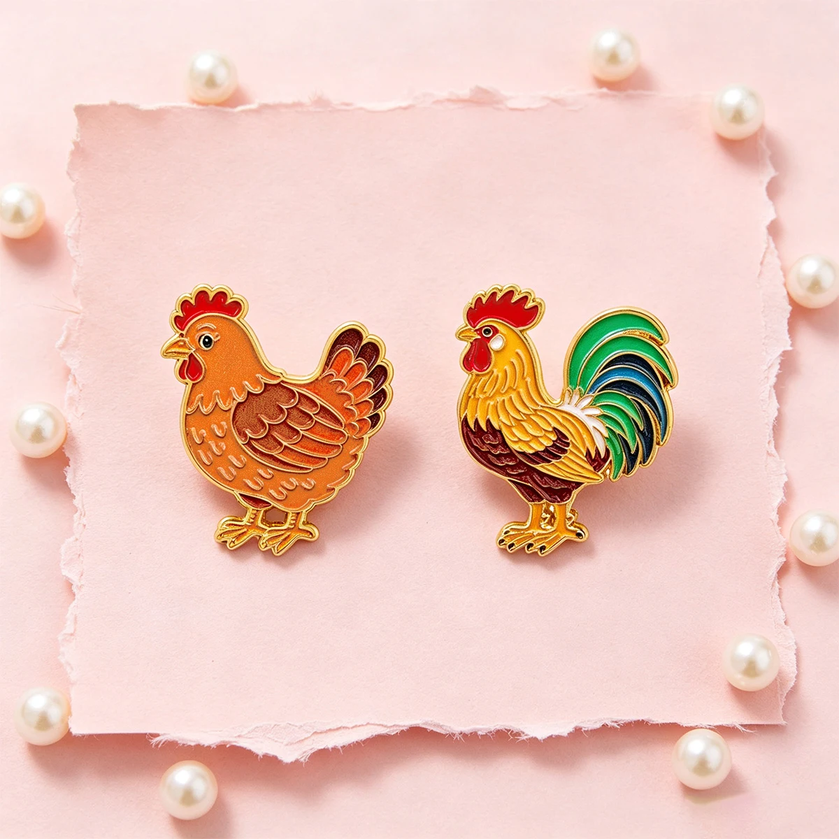 2PCS Rooster Enamel Pin Set Cartoon Chicken Brooch For Coat Women's Brooches Collar Lapel Pins Metal Badges Jewelry Gift
