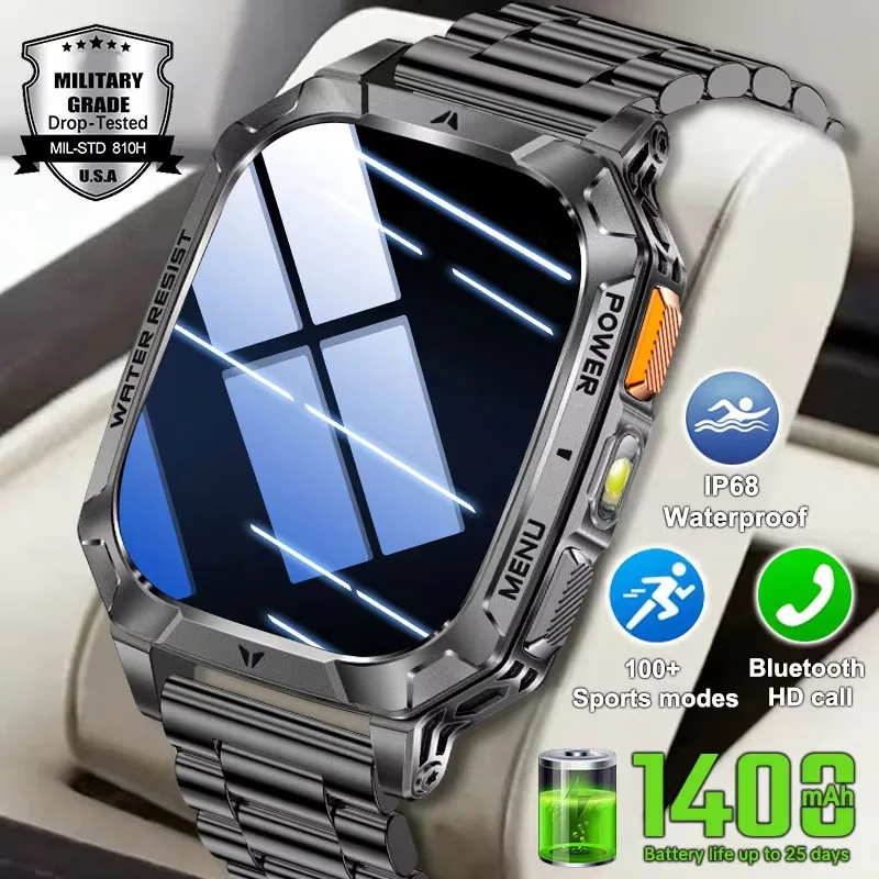 Men Watch Smart BT Flashlight Sports Tactical Waterproof IP68 Tracking Fitness Battery mAh 1400 Smartwatch Military Robust Call