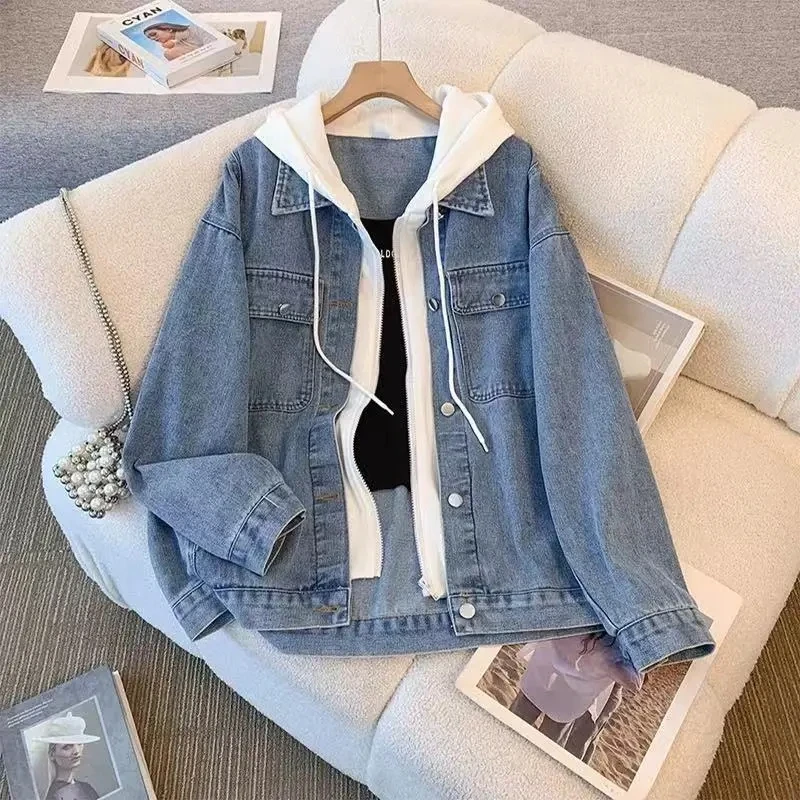 

Fake Two-Piece Denim Jacket Women's 2025 Spring Autumn New Loose Hooded Retro Cowboy Female Coat Temperament Casual Ladies Tops