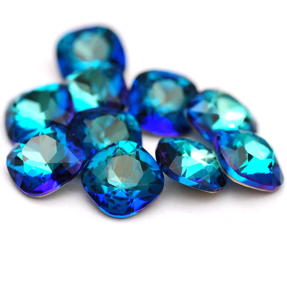 5A New Arrival Adhesive Bermuda Blue Nail Glass Rhinestones 10PCS Cushion Cut Strass Pointback DIY Crafts Crystal Stones