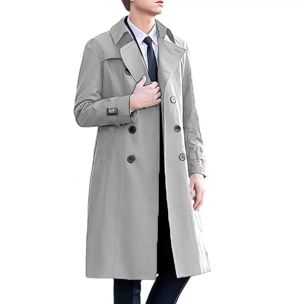 Men Casual Windbreaker Lapel Long Sleeve Double Breasted Mid-Length Coat Solid Color Warm Jacket Windproof Business Outerwear