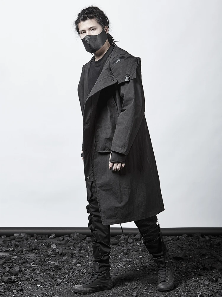 Japanese Dark Trench Coat Personality Cape Hooded Coat men's Fashion Asymmetrical Design Over The Knee Robe