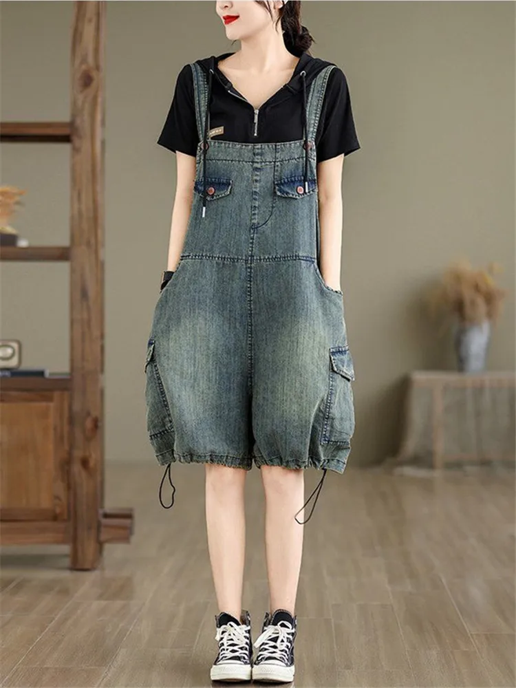 

Denim Jumpsuit Women Oversized Loose Shorts Casual One Piece Outfit Woman Playsuits Overall for Female Five-point Wide Leg Pants