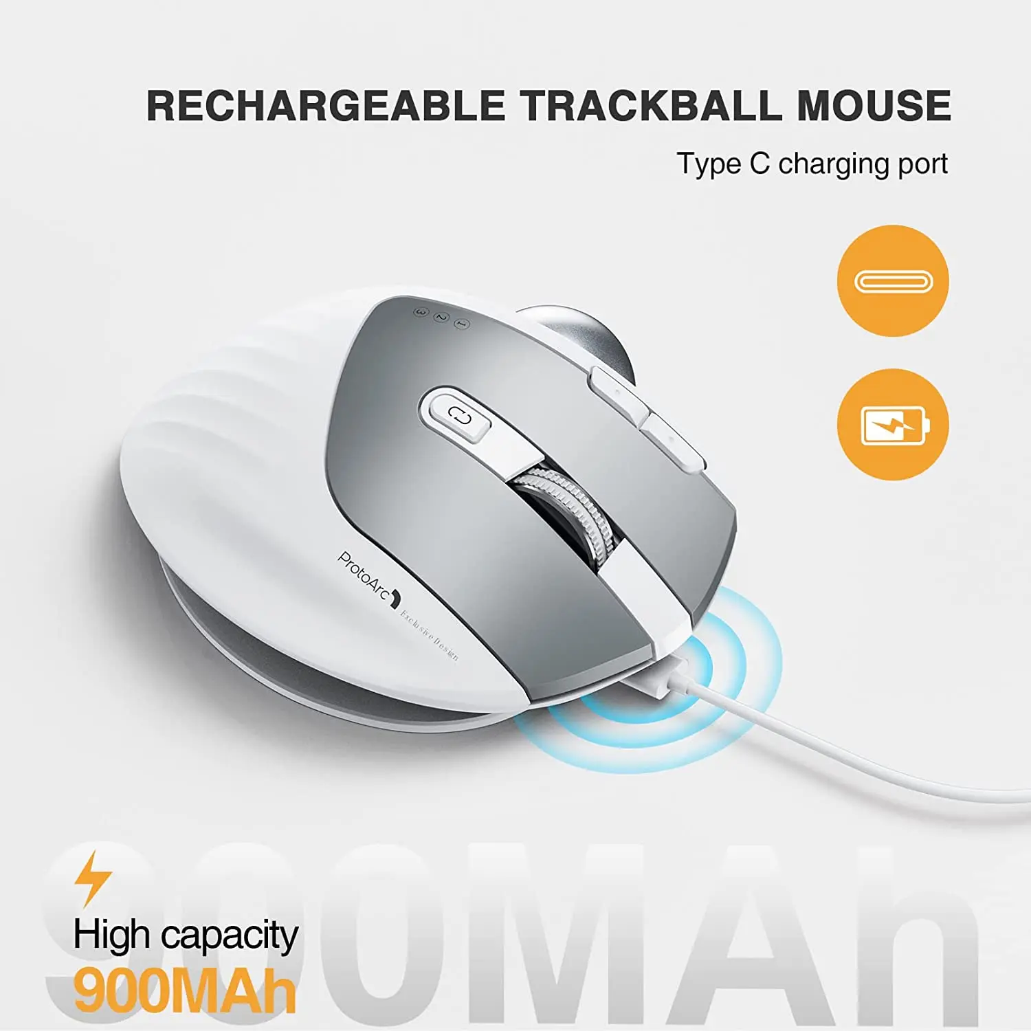 ProtoArc EM01 NL Wireless Trackball Mouse Rechargeable Bluetooth 2.4G Ergonomic Mice for PC iPad Mac Windows 3 Device Connection