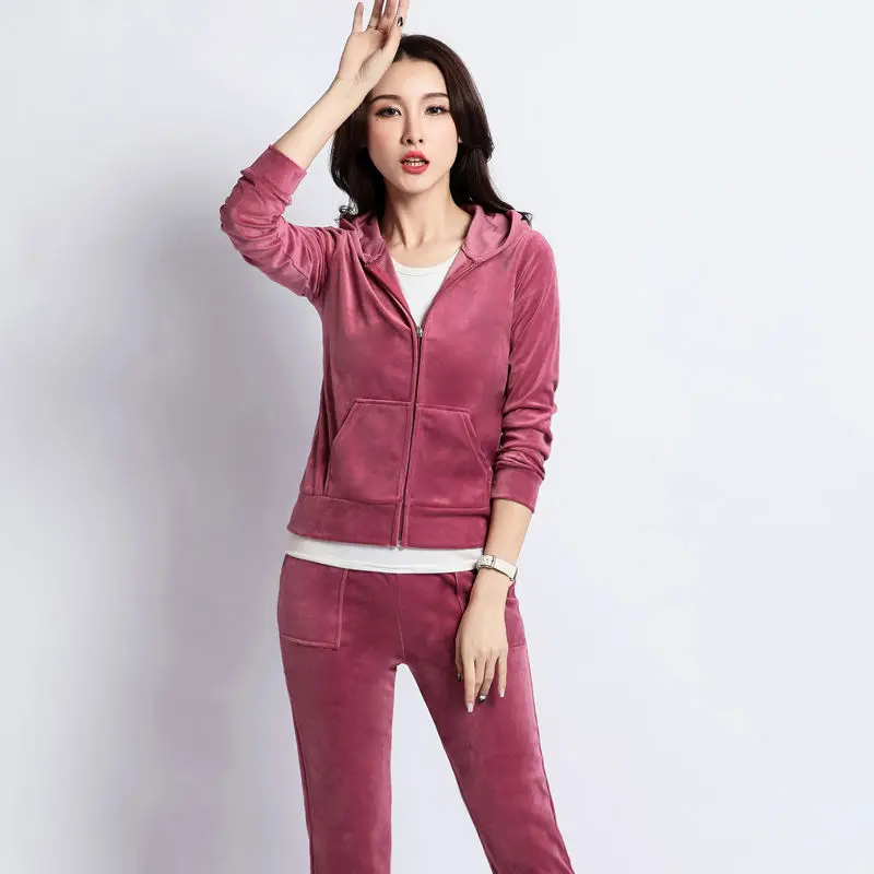 Fall Winter Women Embroidery Velvet Sports Suit Brand Velour Tracksuit Suit Sweatshirt and Pants 2 Piece Sets Womens Outifits