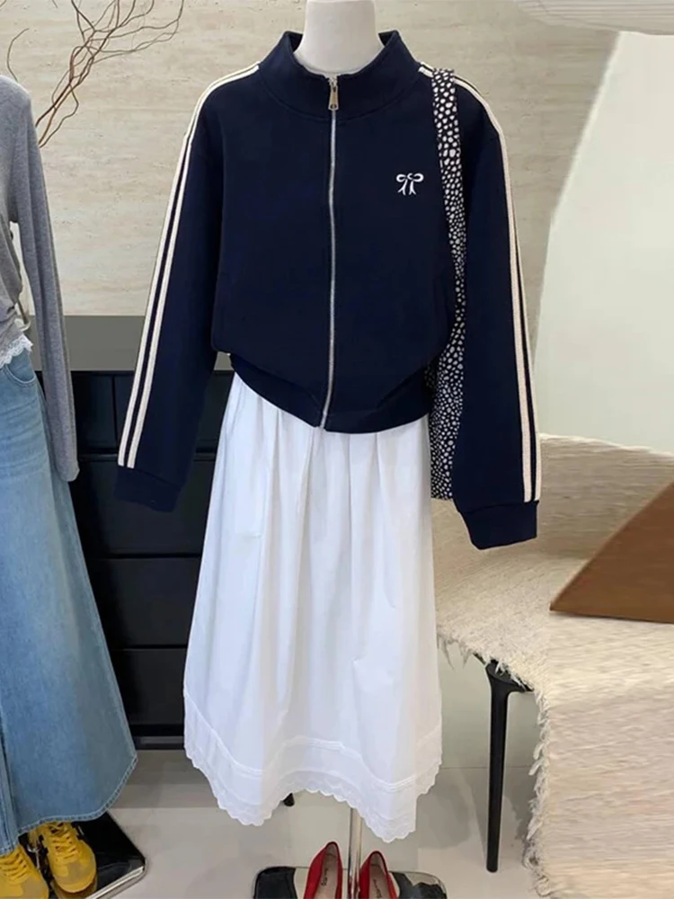 Amerykańska bluza z haftem w węzły, sportowa, długa, ze stójką, odzież wierzchnia damska, premium.