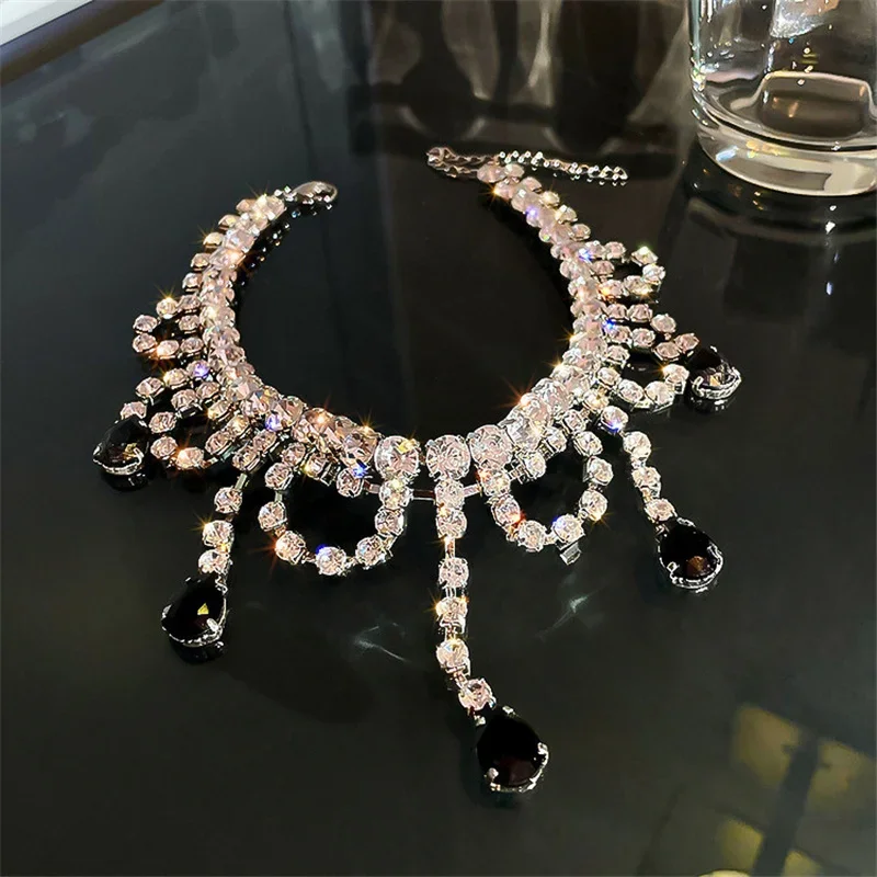Black Water Drop Crystal Choker Necklaces for Women Long Tassel  Rhinestones Necklaces Statement Jewelry for Weddings