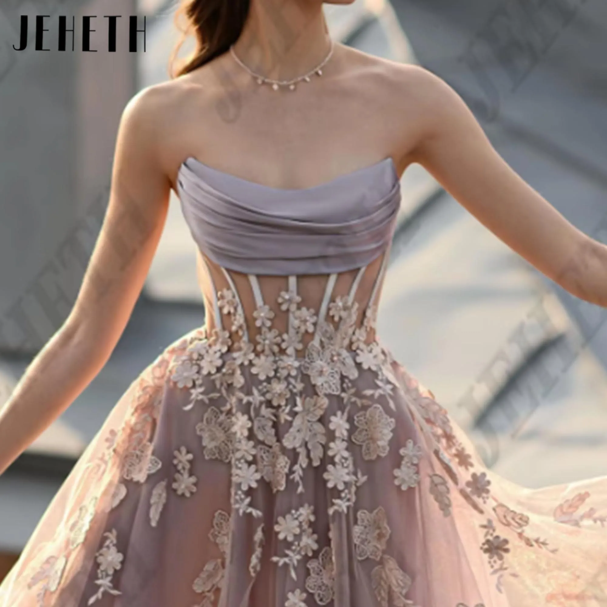 JEHETH Customized Strapless Prom Dresses for Women Applique Sleevelss Corset Vestidos De Gala Pastrol Party Gowns Tea Length image 5