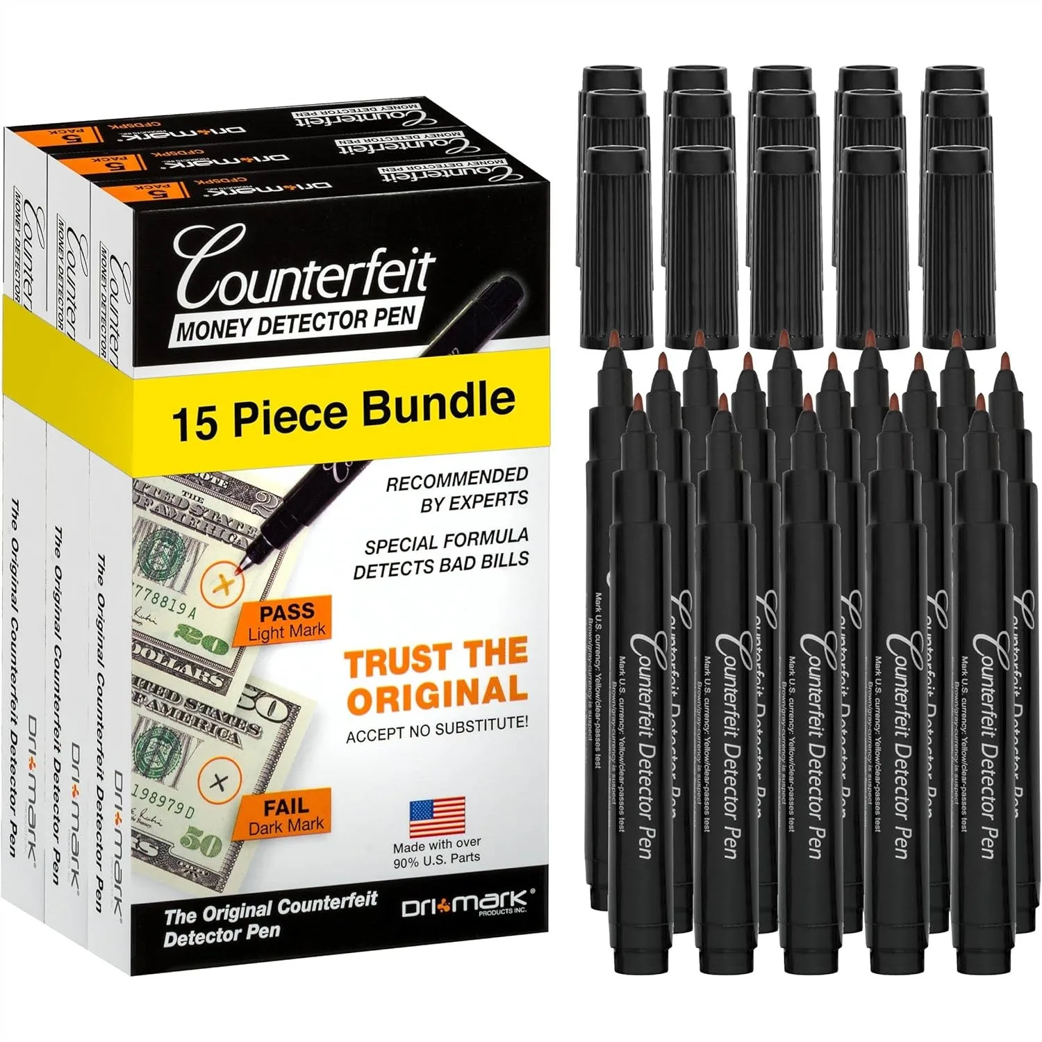 

15 Pack Counterfeit Bill Detector Marker Pen, 3 Times More Ink, Pocket Size, Fake Money Checker for U.S. Currency