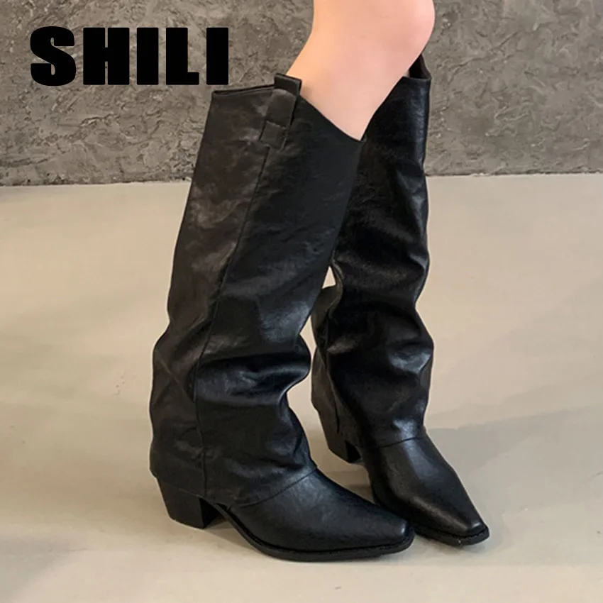 Botines De Mujer Retro Crackle Leather Boots Women Black Square Toe Chunky Heeled Knee High Booties Slouchy Straight Leg Botas