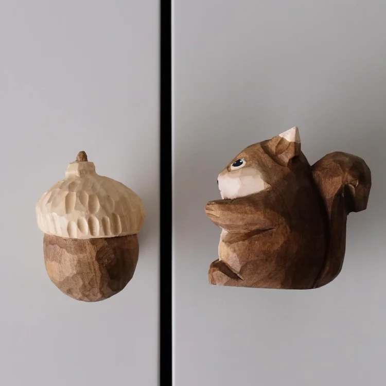 후크 캐비닛 도어 핸들, 다람쥐 솔방울 귀엽고 창의적인 나무, 수제 원목 장식 어린이 방