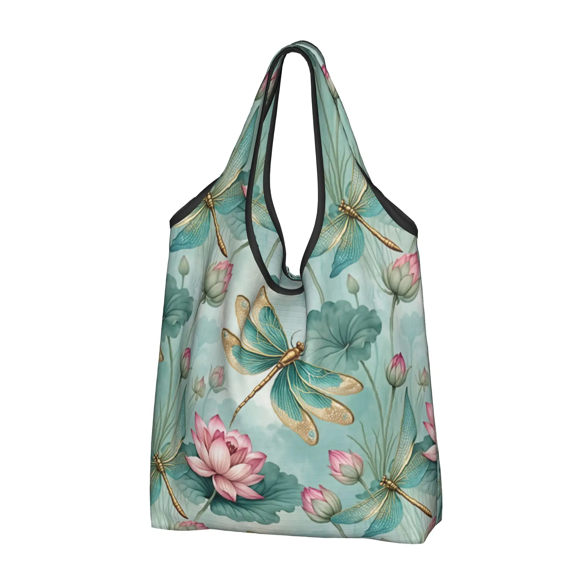 Funny Print Dragonfly Turquoise Gold Luxury  Tote Shopping Bag Portable Shopper Shoulder Oriental Motif  Handbag
