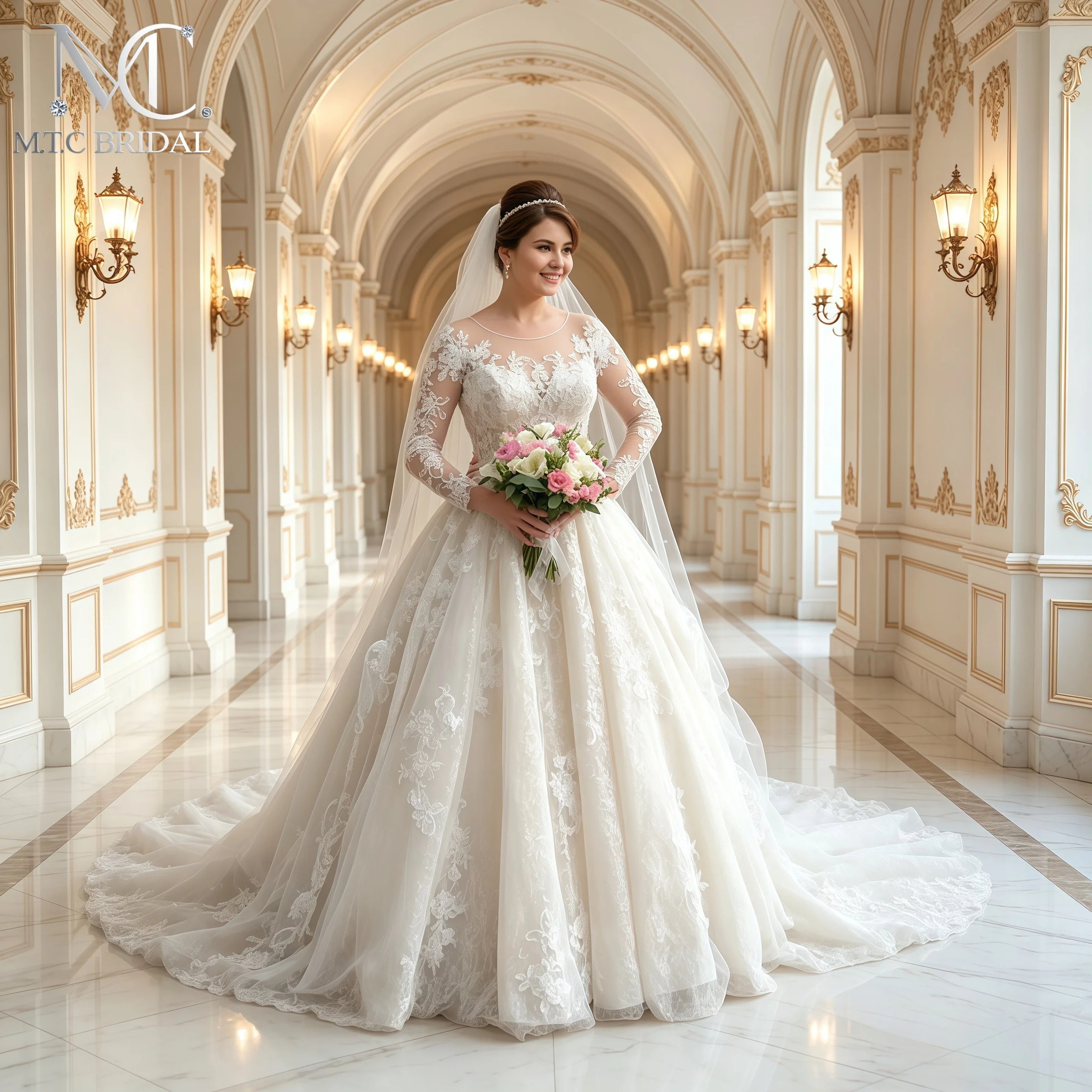 Custom Made Long Sleeves Lace Tulle Wedding Dress Court Train A Line Plus Size Bride Wedding Gowns Vestido De Noiva
