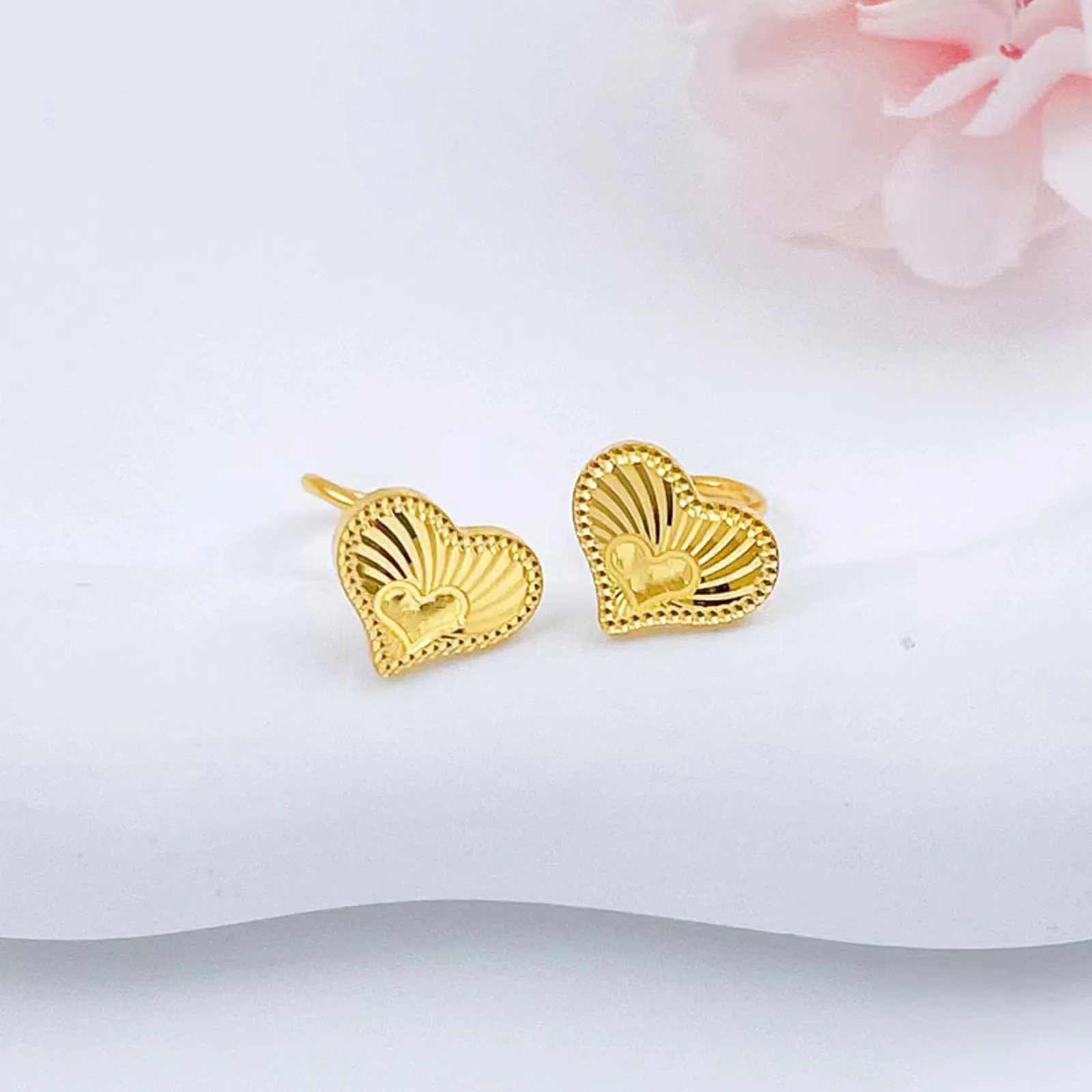 Real Pure 999 24k Yellow Gold Stud Women Gift Lucky Carved Double Heart Earrings 2.44-2.7g