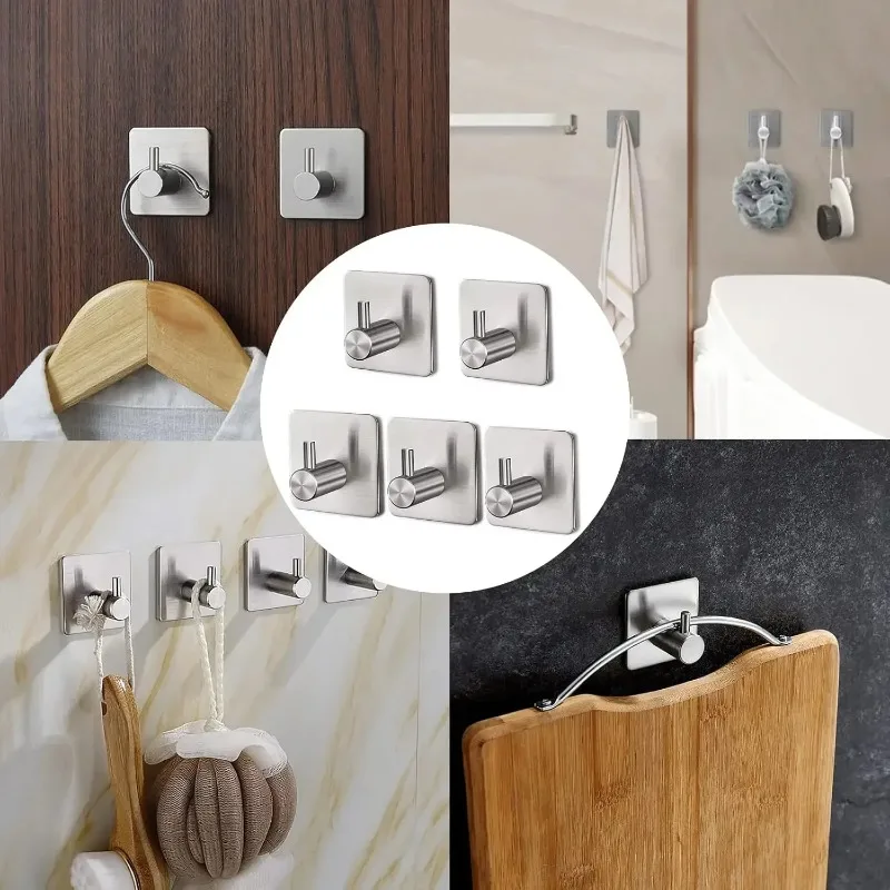 1/12Pcs Stainless Steel Self-Adhesive Towel Hooks Key Coat Wall Storage Rack Heavy-duty Bathroom Kitchen Hardware Hanger Hook