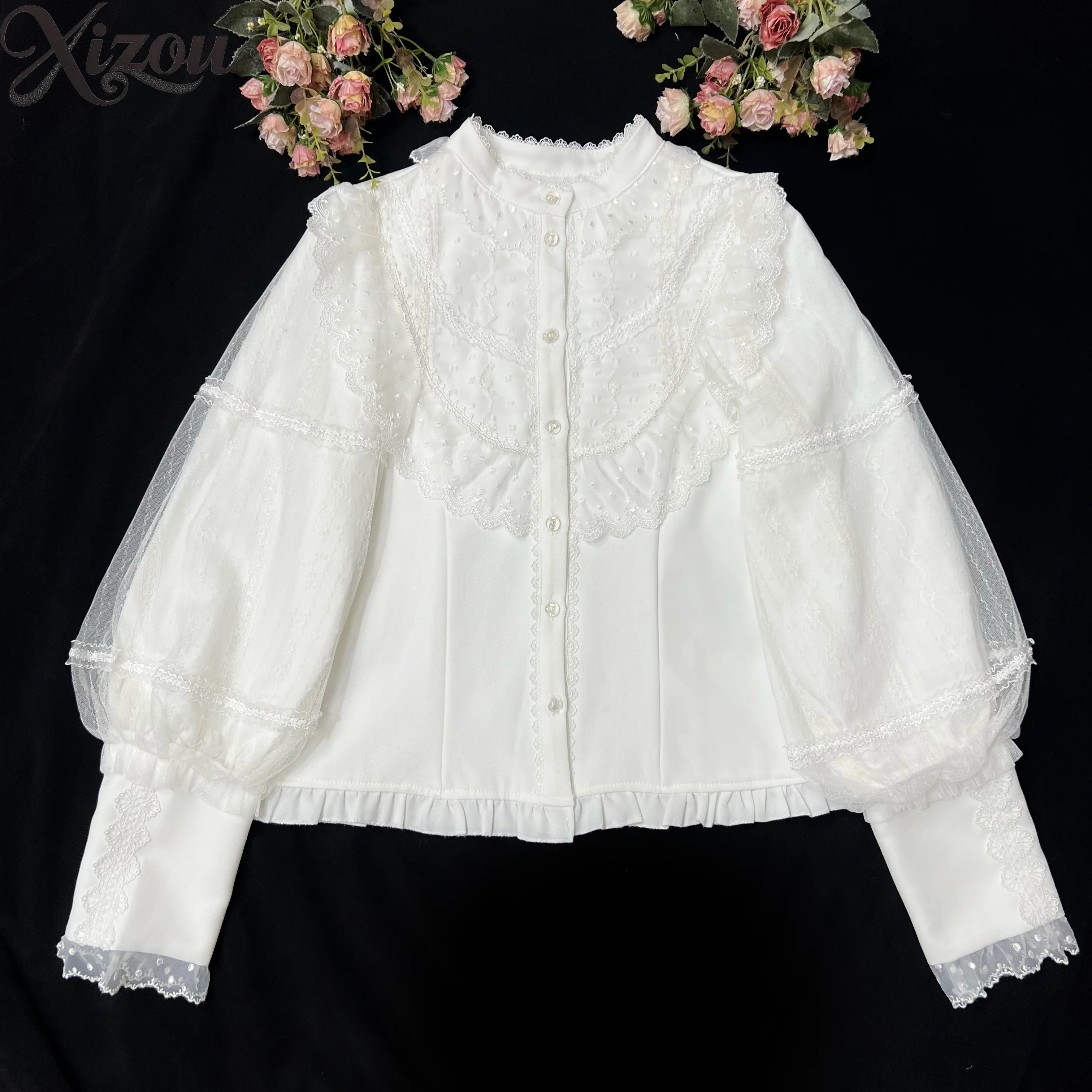 Automne et hiver nouvelles chemises Lolita intérieur velours chaud femmes à manches longues haut col montant chemise à bascule Camisas De Mujer