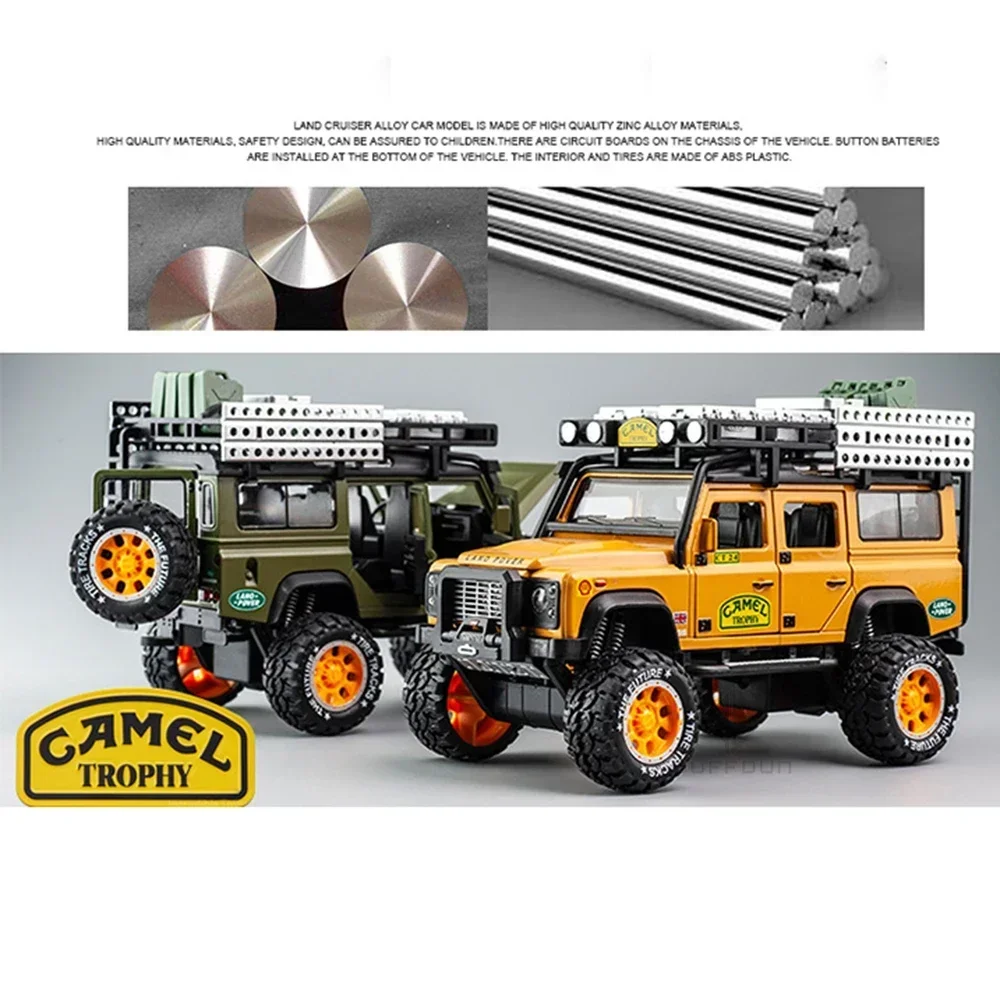 1:28 Land Rover Defender Toy Car Camel Trophy Alloy Diecast Pull Back Model Sound Light Metal Vehicles Children Gifts Collection