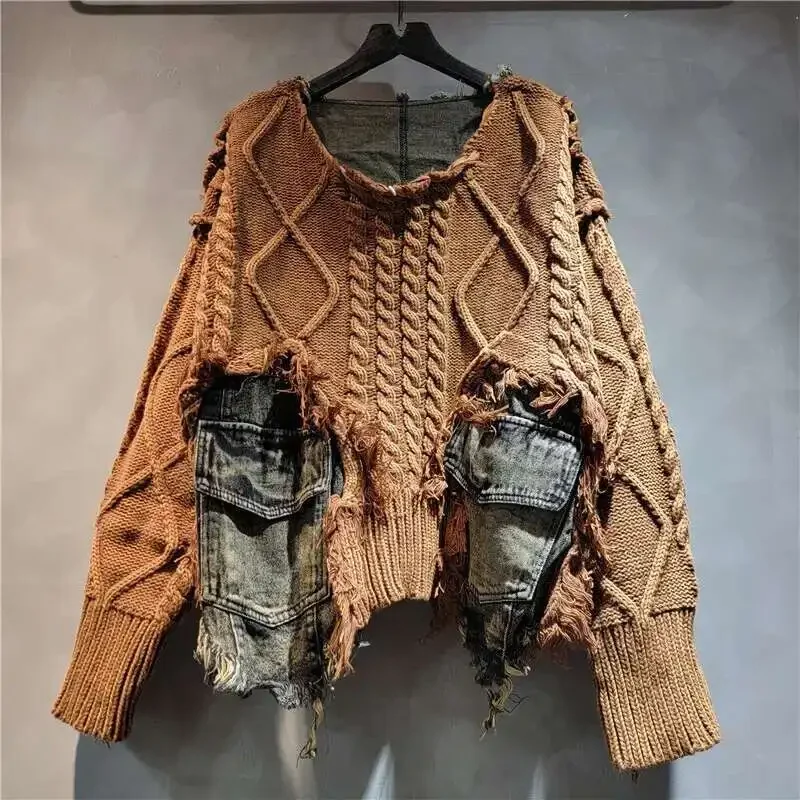 Autumn Winter Men's Fashion Chic Punk High Street Dough Twists Knittied Splice Denim Patchwork O-Neck Short Sweater