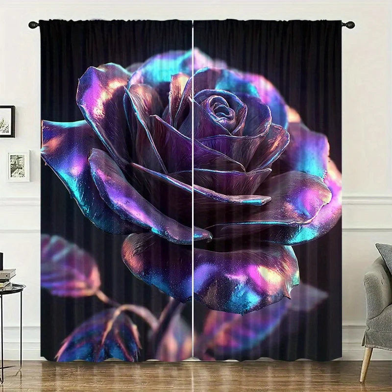 Metallic Shimmer Holographic Rose Window Curtains 2 Panels,Dark Base Rainbow Glow Flower Cool Gothic Romantic Home Decor Curtain
